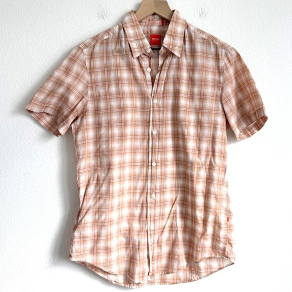 Hugo Boss Shirt Mens Medium Orange Plaid Short Sleeve Cotton Button Up Casual‎